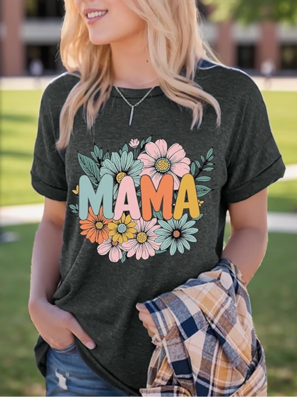 Chic Nation Mama Floral Graphic Tee — Black with Pastel Flowers